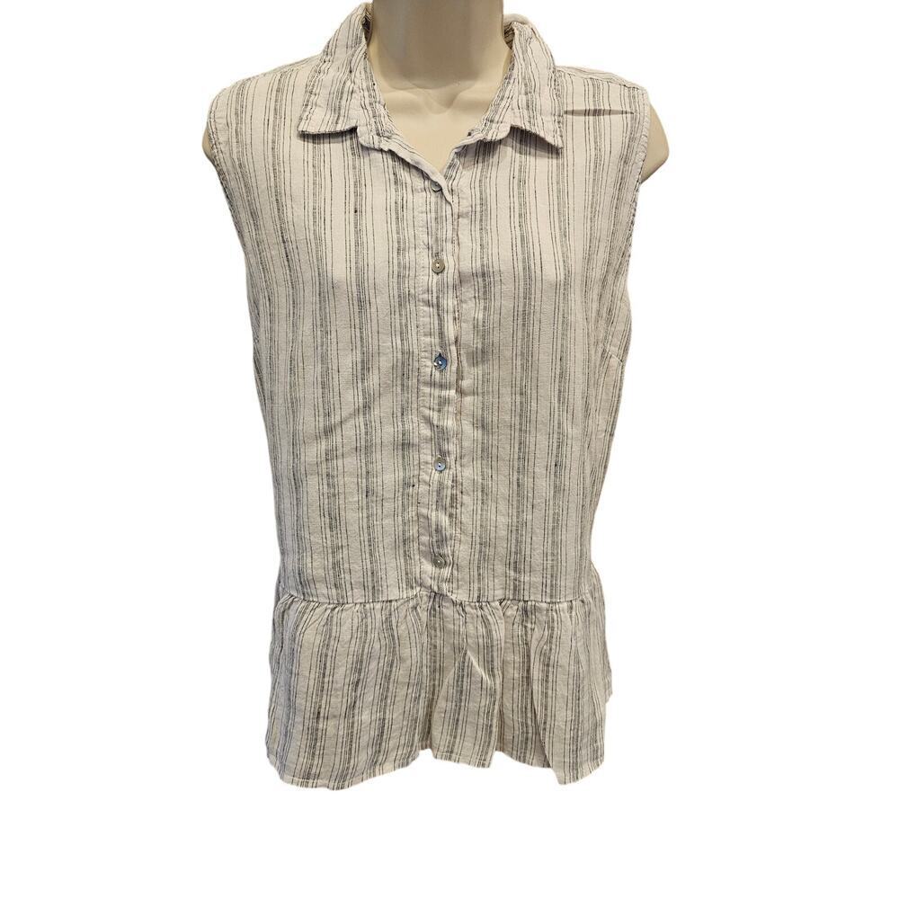 Tahari 100% Linen Sleeveless Peplum Top Size Large Button Up Tank Striped Blouse